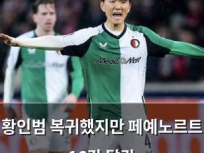 황인범 복귀했지만 페예노르트 16강 탈락